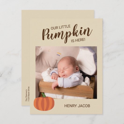Onze kleine pompoen is hier Herfst geboorteaankond Briefkaart (Voorkant / Achterkant)