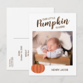Onze kleine pompoen is hier Herfst geboorteaankond Briefkaart (Voorkant / Achterkant)