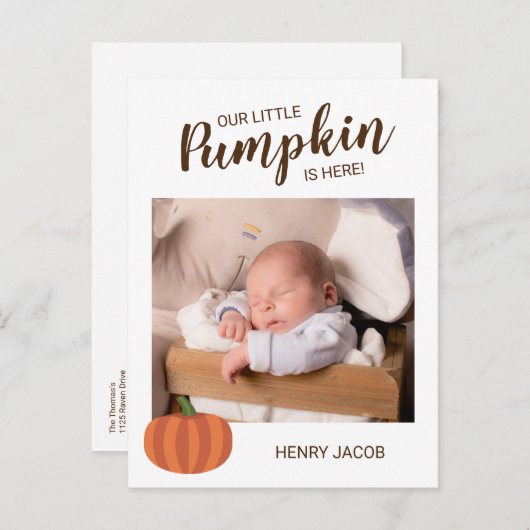 Onze kleine pompoen is hier Herfst geboorteaankond Briefkaart (Voorkant / Achterkant)