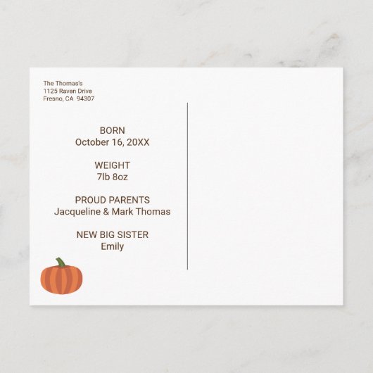 Onze kleine pompoen is hier Herfst geboorteaankond Briefkaart (Achterkant)