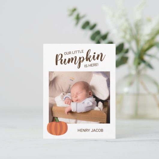 Onze kleine pompoen is hier Herfst geboorteaankond Briefkaart (Staand voorkant)