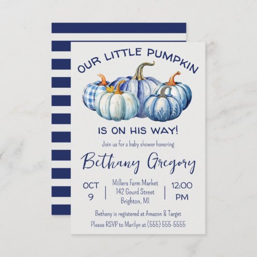 Onze kleine pompoen is onderweg, blauw Baby shower Kaart (Voorkant / Achterkant)