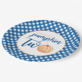 Onze kleine pompoen is twee blauwe plaid 2e verjaa papieren bordje (Gekanteld)