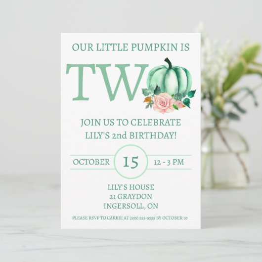 Onze kleine pompoen is Two Mint/Pink verjaardagsfe Kaart (Staand voorkant)