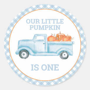 Onze kleine pompoen lichtblauwe vrachtwagen eerste ronde sticker