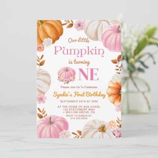 Onze kleine pompoen meisje eerste verjaardagsfeest kaart (Staand voorkant)