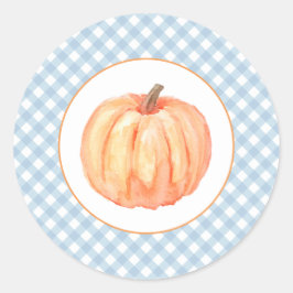 Onze kleine pompoen pastel blauw geruit eerste ver ronde sticker