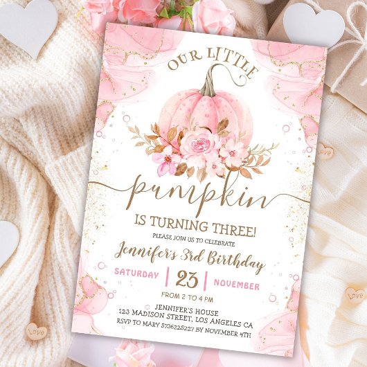 Onze kleine pompoen | Pink Gold Girl 3e verjaardag Kaart