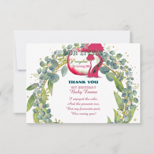 Onze kleine pompoen roze 1e verjaardag groene kran bedankkaart (Voorkant)