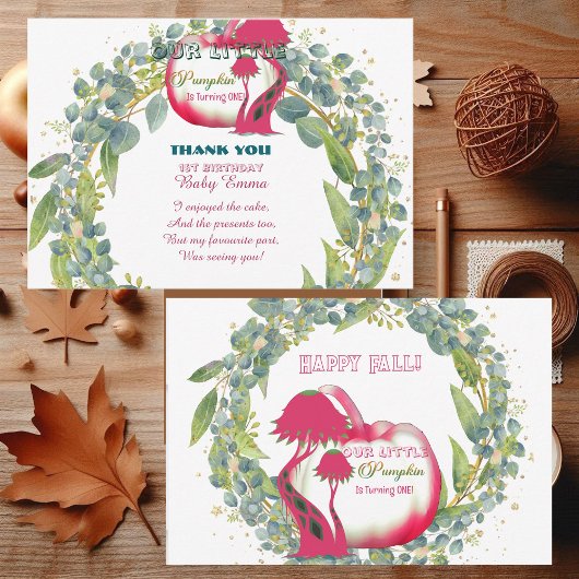 Onze kleine pompoen roze 1e verjaardag groene kran bedankkaart