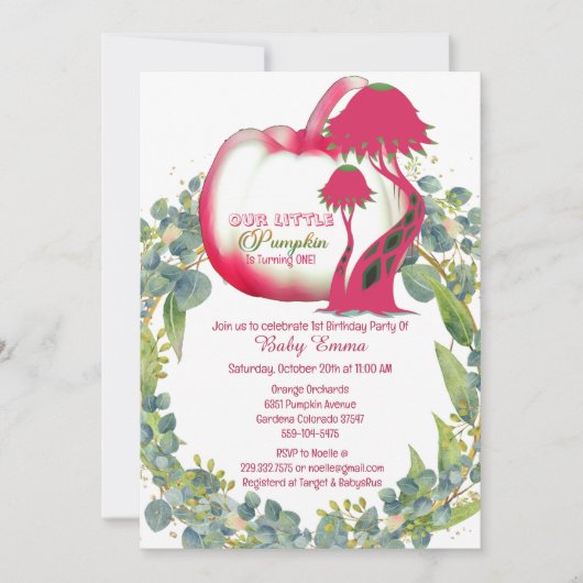 Onze kleine pompoen roze 1e verjaardag groene kran kaart (Voorkant)