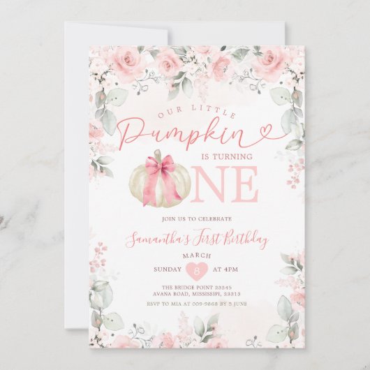 Onze Kleine Pompoen Roze Bloemen Wit 1e Verjaardag Kaart (Voorkant)