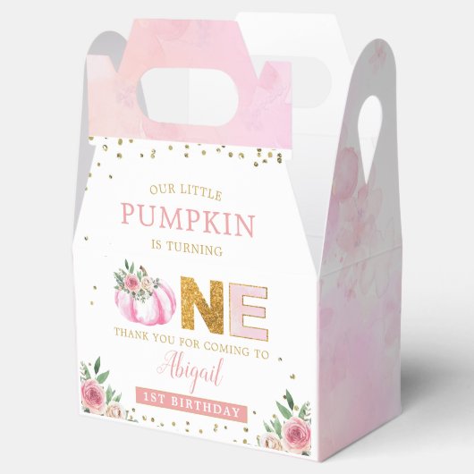 Onze kleine pompoen roze gouden bloemen 1e verjaar bedankdoosjes (Geopend)