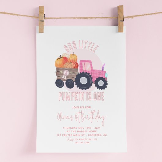 Onze kleine pompoen roze tractor 1e verjaardag kaart