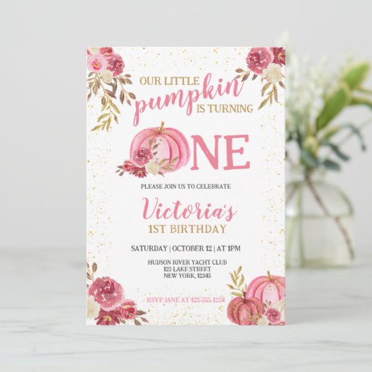 ONZE KLEINE POMPOEN ROZE WATERVERF 1E VERJAARDAG KAART (Staand voorkant)