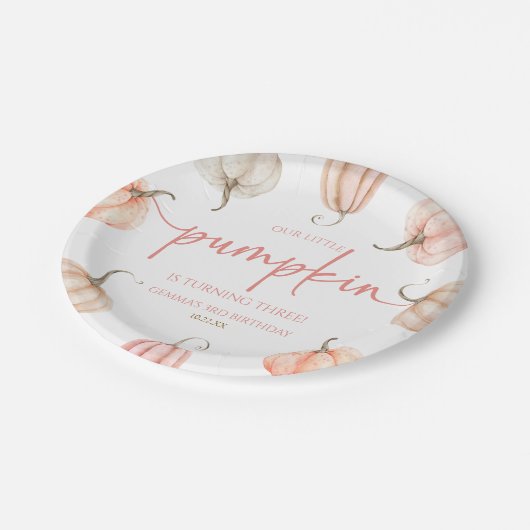 Onze kleine pompoen roze witte Herfst verjaardagsf Papieren Bordje (Gekanteld)