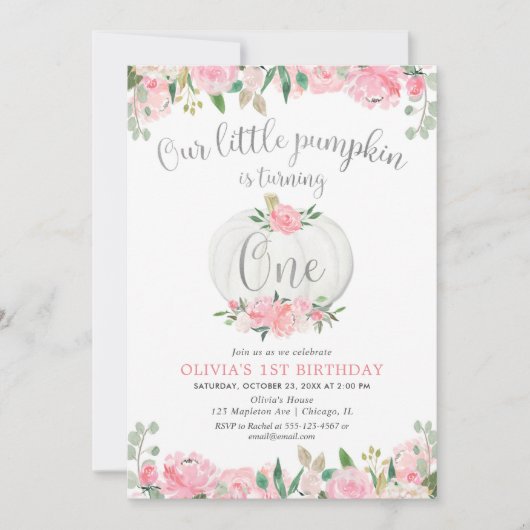 Onze kleine pompoen roze zilveren bloem 1e verjaar kaart (Voorkant)