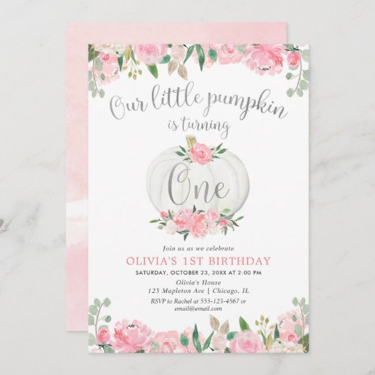 Onze kleine pompoen roze zilveren bloem 1e verjaar kaart (Voorkant / Achterkant)