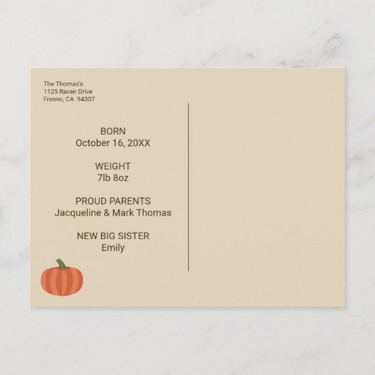 Onze kleine pompoen rustieke Herfst geboorteaankon Briefkaart (Achterkant)