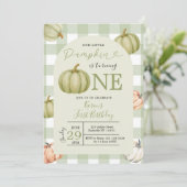 Onze kleine pompoen Sage Gingham 1e verjaardag Kaart (Staand voorkant)