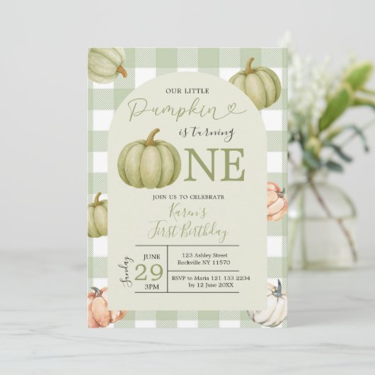 Onze kleine pompoen Sage Gingham 1e verjaardag Kaart (Staand voorkant)