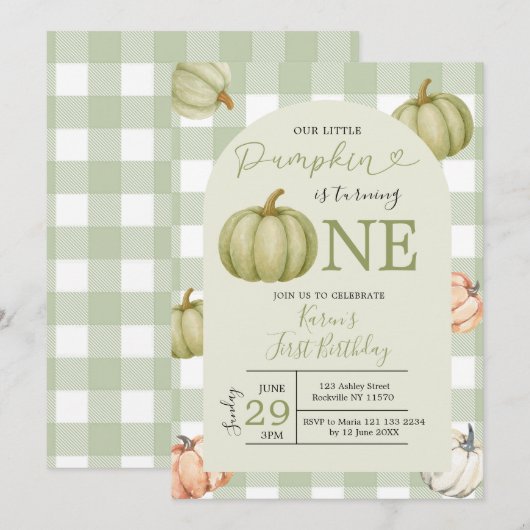 Onze kleine pompoen Sage Gingham 1e verjaardag Kaart (Voorkant / Achterkant)