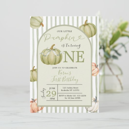 Onze kleine pompoen salie preppy 1e verjaardag kaart (Staand voorkant)