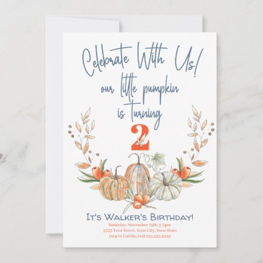 Onze kleine pompoen tweede Birthday Blue-uitnodigi Kaart (Voorkant)