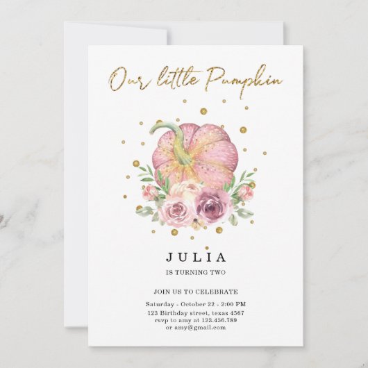 Onze kleine pompoen verjaardag roze uitnodiging (Voorkant)