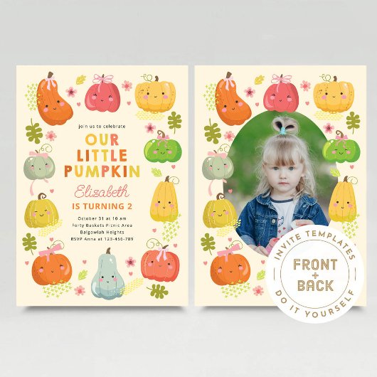 Onze kleine pompoen verjaardag uitnodigen, foto ve kaart