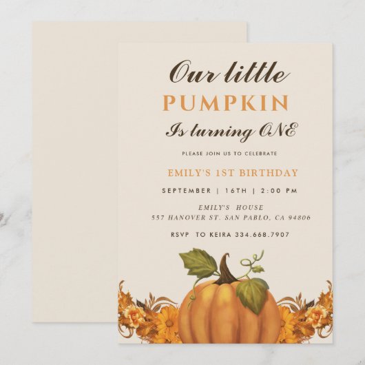 Onze kleine pompoen wordt een 1e verjaardag kaart (Voorkant / Achterkant)