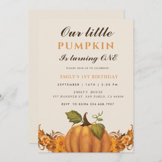 Onze kleine pompoen wordt een 1e verjaardag kaart (Voorkant / Achterkant)