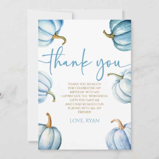 Onze kleine pompoenblauw wit Herfst verjaardagsfee Bedankkaart (Voorkant)