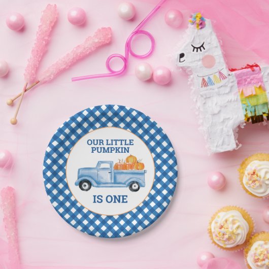 Onze kleine pompoenblauwe truck eerste verjaardag papieren bordje (Feest)
