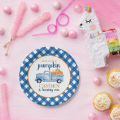 Onze kleine pompoenblauwe vrachtwagen op de eerste papieren bordje (Feest)