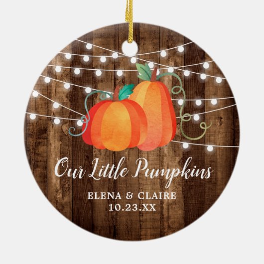 Onze kleine pompoenen gaven een persoonlijke najaa keramisch ornament (Achterkant)