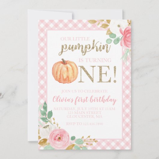 Onze kleine pompoengoud en bloemen eerste verjaard kaart (Voorkant)