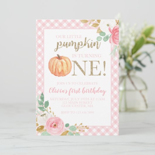 Onze kleine pompoengoud en bloemen eerste verjaard kaart (Staand voorkant)