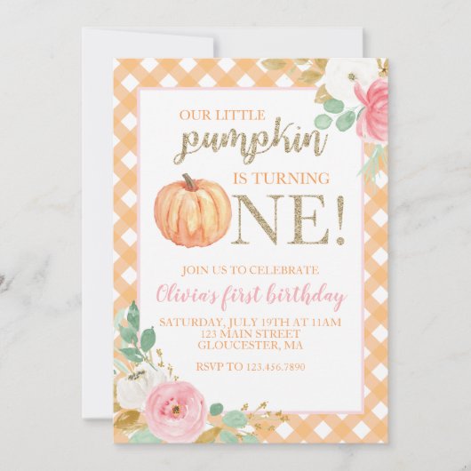 Onze kleine pompoengoud en bloemen eerste verjaard kaart (Voorkant)