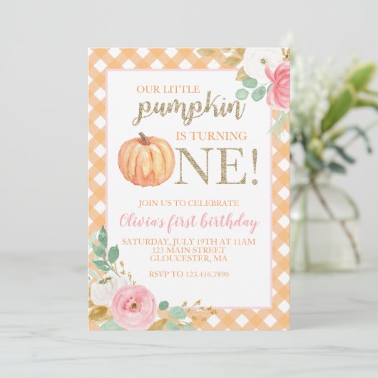 Onze kleine pompoengoud en bloemen eerste verjaard kaart (Staand voorkant)