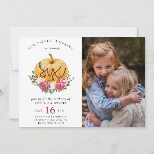 Onze kleine pompoenHerfst Floral Twins 6e verjaard Kaart (Voorkant)