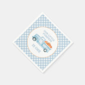 Onze kleine pompoenlichtblauwe vrachtwagen op de e servet (Hoek)