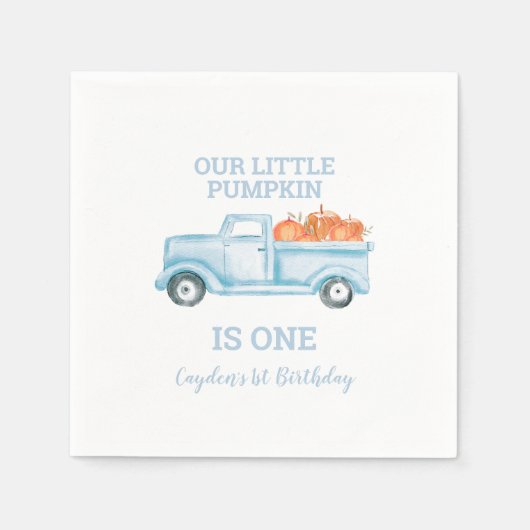 Onze kleine pompoenlichtblauwe vrachtwagen op de e servet (Voorkant)