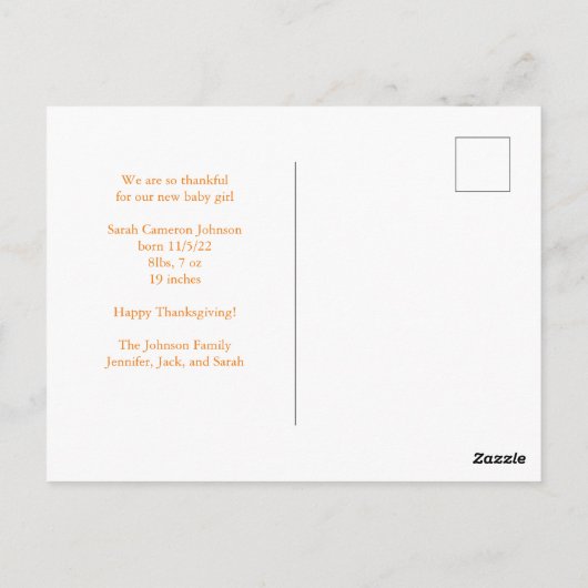 Onze kleine pompoThanksgiving Newborn Foto Briefkaart (Achterkant)