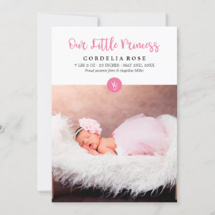 Onze kleine prinses roze Baby aankondiging
