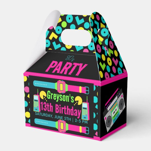 onze kleine Retro Neon 80's verjaardagsfeestje Bedankdoosjes (Achterkant)