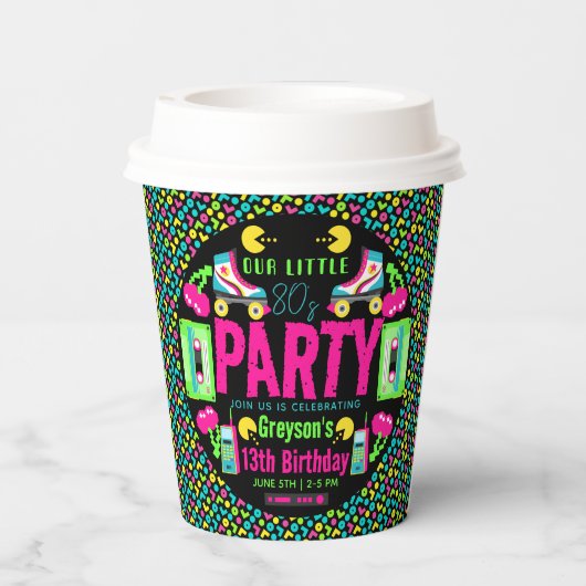 onze kleine Retro Neon 80's verjaardagsfeestje Papieren Bekers (Achterkant)