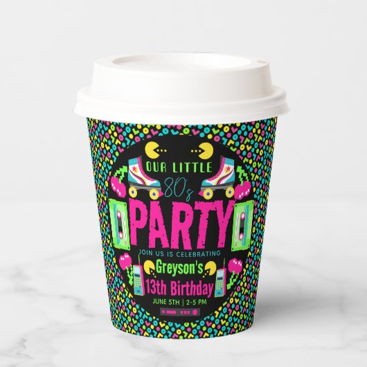 onze kleine Retro Neon 80's verjaardagsfeestje Papieren Bekers (Voorkant)