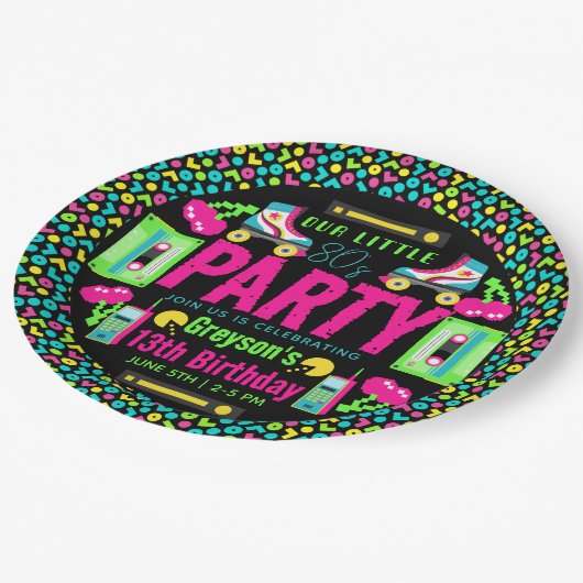 onze kleine Retro Neon 80's verjaardagsfeestje Papieren Bordje (Gekanteld)