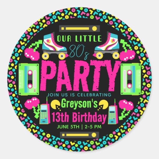 onze kleine Retro Neon 80's verjaardagsfeestje Ronde Sticker (Voorkant)